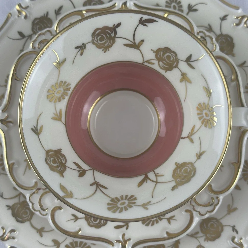 Weimar Porzellan ILSE Tea Trio Coral Pink Gold Gilt Rose Footed Cup Saucer Plate